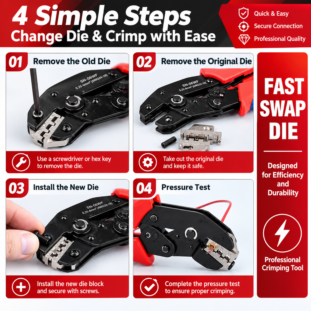 Ratcheting Crimping Pliers with Interchangeable Dies, 0.25–6 mm² (AWG 24–10) Wire Ferrule Crimper