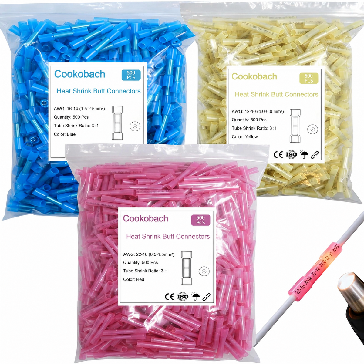1500 PIÈCES Connecteurs thermorétractables en ligne, 12-10 AWG, 16-14 AWG, 22-16 AWG, Étanche, Isolés, Sertissage pour raccord de fils, pour Marine, Câble, Câblage, Connexion rapide, Protection scellée complète