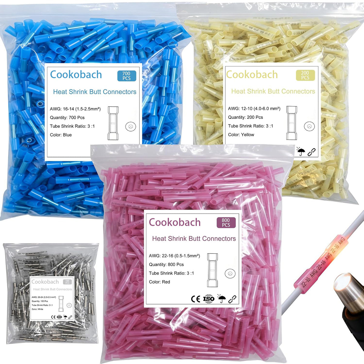 1500 PIÈCES Connecteurs thermorétractables en ligne, 12-10 AWG, 16-14 AWG, 22-16 AWG, Étanche, Isolés, Sertissage pour raccord de fils, pour Marine, Câble, Câblage, Connexion rapide, Protection scellée complète