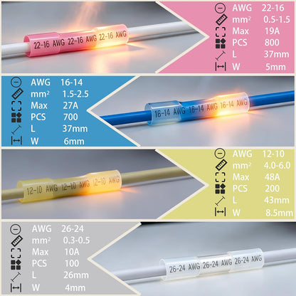 1500 PCS Heat Shrink Butt Connectors,12-10 AWG,16-14 AWG,22-16 AWG Waterproof Electrical Insulated Crimp Wire Splice for Marine,Cable,Wiring,Rapid Connection,Comprehensive Sealed Protection