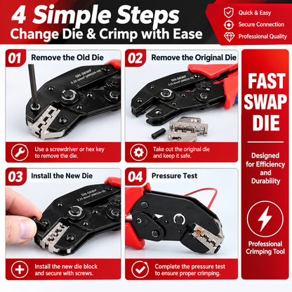 Ratcheting Crimping Pliers with Interchangeable Dies, 0.25–6 mm² (AWG 24–10) Wire Ferrule Crimper