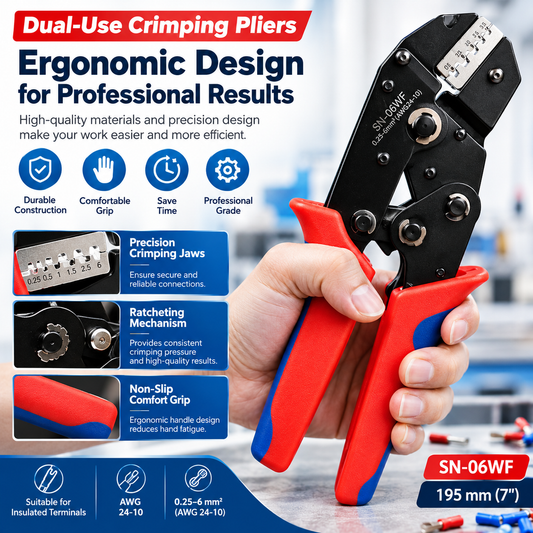 Ratcheting Crimping Pliers with Interchangeable Dies, 0.25–6 mm² (AWG 24–10) Wire Ferrule Crimper