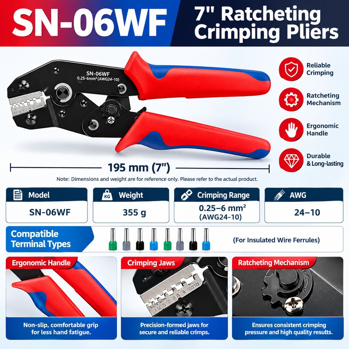 Ratcheting Crimping Pliers with Interchangeable Dies, 0.25–6 mm² (AWG 24–10) Wire Ferrule Crimper