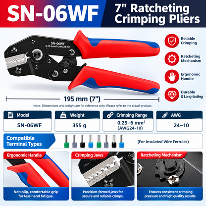 Ratcheting Crimping Pliers with Interchangeable Dies, 0.25–6 mm² (AWG 24–10) Wire Ferrule Crimper